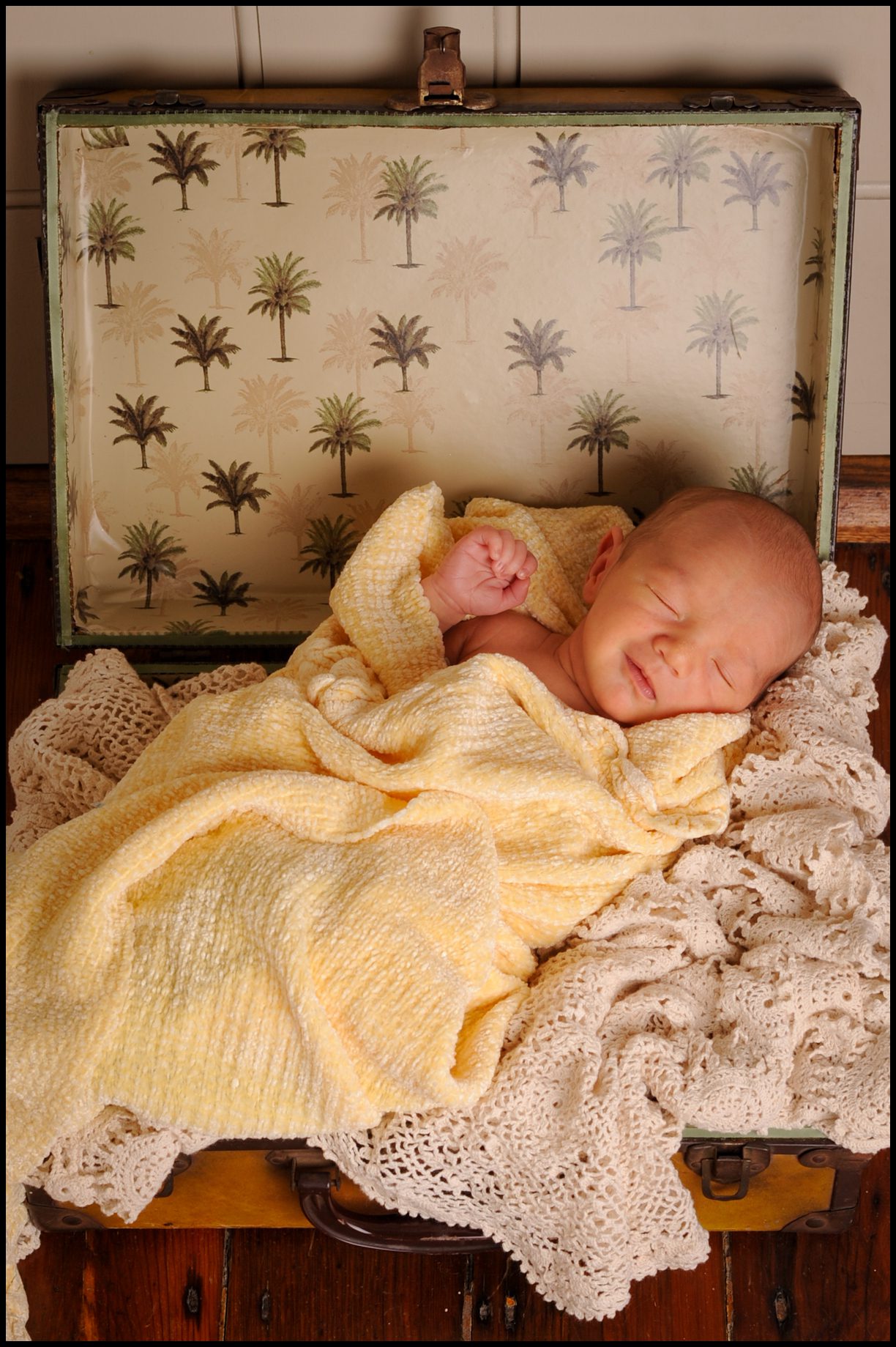 baby in vintage suitcase